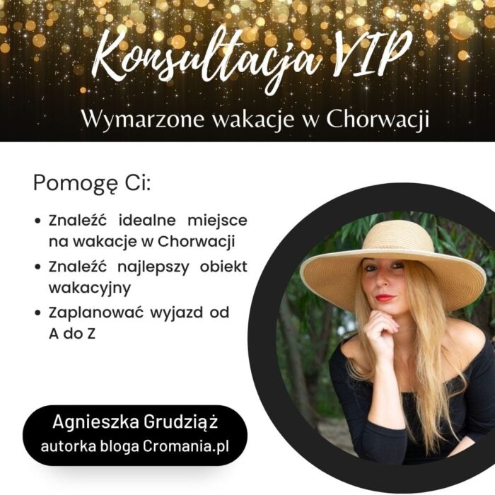 Grafika przedstawiająca usługę „Konsultacja – zaplanuj wymarzone wakacje w Chorwacji – VIP” oferowaną przez Sklep Hello Croatia. Usługa obejmuje indywidualny plan podróży, w tym wybór regionu, propozycje 20–40 noclegów (apartamenty, hotele, campingi, luksusowe domy z basenami, rejsy jachtem) dostosowane do oczekiwań i budżetu klienta, a także informacje o atrakcjach, plażach, zabytkach i kuchni.