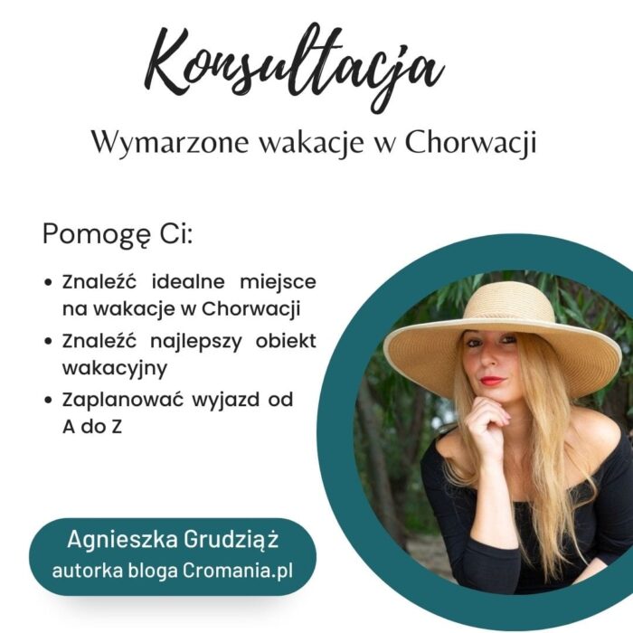 Grafika przedstawiająca usługę „Konsultacja – zaplanuj wymarzone wakacje w Chorwacji – BASIC” oferowaną przez Sklep Hello Croatia. Usługa obejmuje wybór regionu oraz najlepszego miejsca na wakacje zgodnie z indywidualnymi oczekiwaniami klienta. Konsultacja odbywa się poprzez 40-minutową rozmowę telefoniczną lub wymianę mailową obejmującą 4 pytania.
