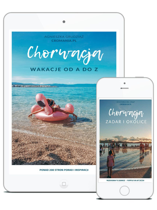 Okładki e-booków „Chorwacja – Wakacje od A do Z” oraz „Chorwacja Zadar i okolice” – kompleksowe przewodniki po Chorwacji, zawierające informacje o najpiękniejszych plażach, atrakcjach turystycznych i praktyczne porady dla podróżnych.