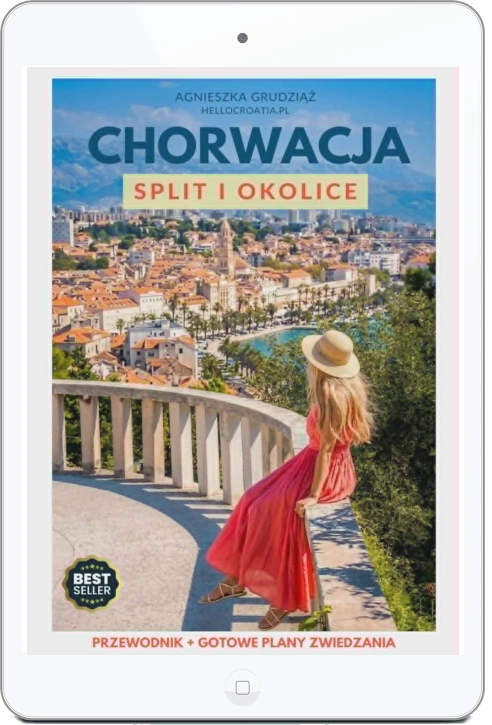 E-book przewodnik Chorwacja Split i okolice Agnieszka Grudziąż. Na okładce panorama Splitu z dzwonnicą katedry św. Domnina i kobieta w różowej sukience.