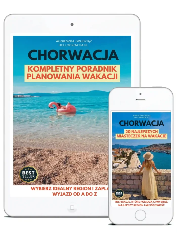 Zestaw dwóch e-booków o Chorwacji na ekranie tabletu i smartfona: „Kompletny poradnik planowania wakacji” oraz „20 najlepszych miasteczek”. Publikacje Agnieszki Grudziąż (Cromania.pl / HelloCroatia.pl).