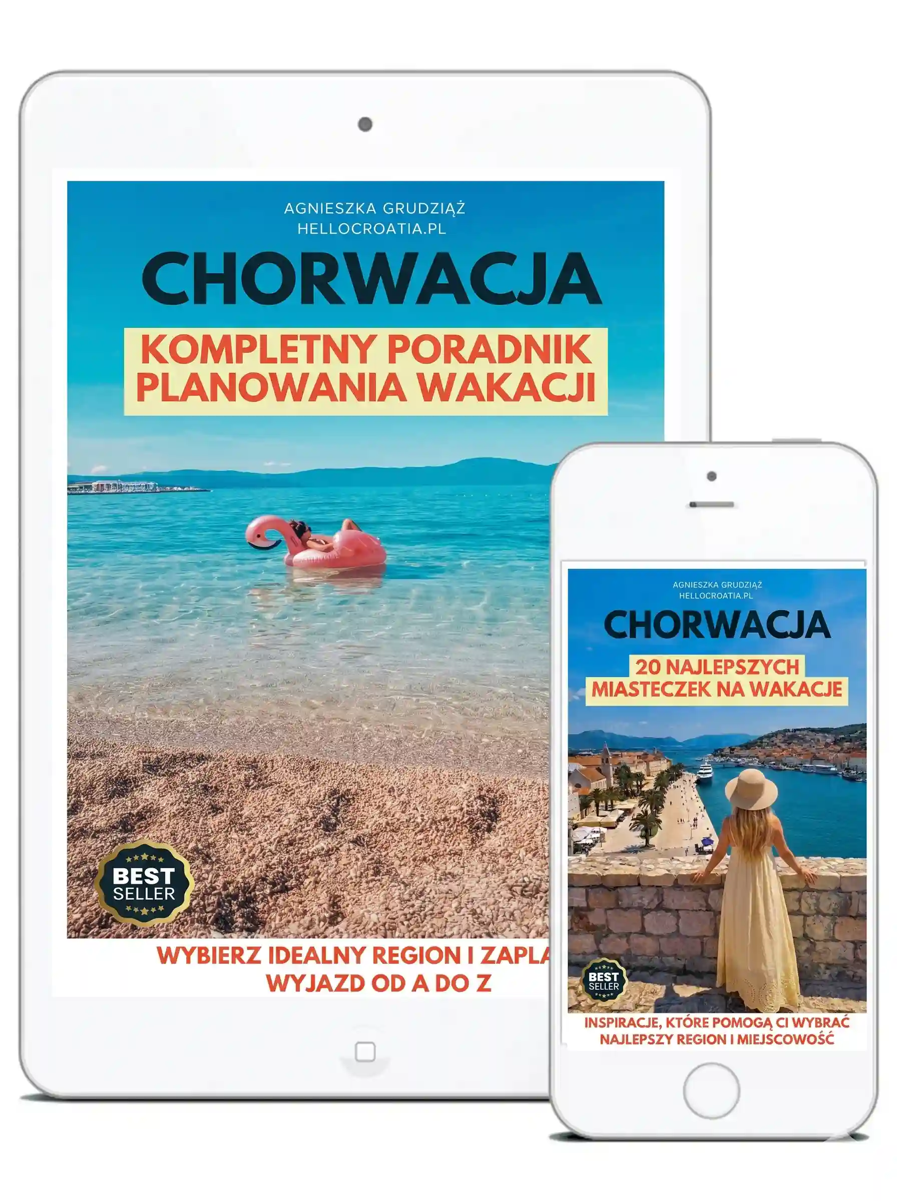 Zestaw dwóch e-booków o Chorwacji na ekranie tabletu i smartfona: „Kompletny poradnik planowania wakacji” oraz „20 najlepszych miasteczek”. Publikacje Agnieszki Grudziąż (Cromania.pl / HelloCroatia.pl).