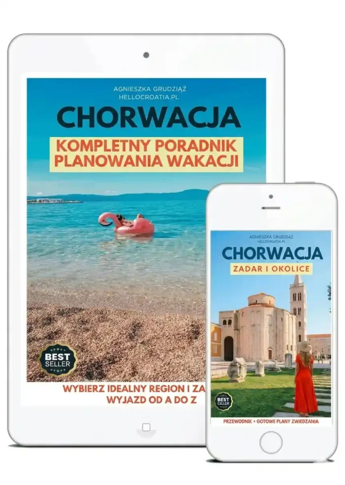 Zestaw e-booków o Chorwacji na tablecie i smartfonie: „Kompletny poradnik planowania wakacji” oraz przewodnik „Zadar i okolice”. Publikacje Agnieszki Grudziąż (Cromania.pl / HelloCroatia.pl).